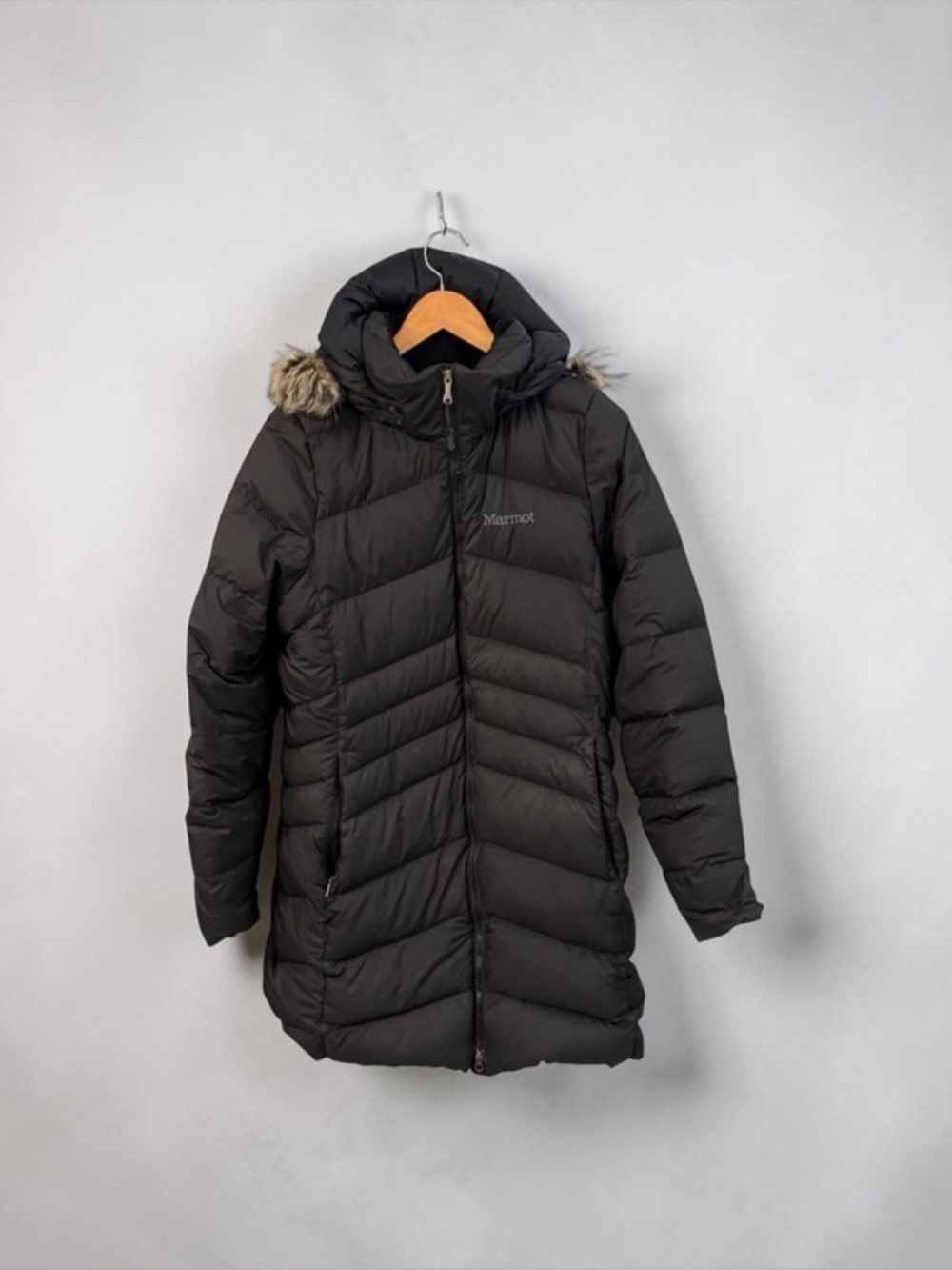 MARMOT MONTREAL BLACK LONG PUFFER COAT FAUX FUR HOOD SIZE LARGE